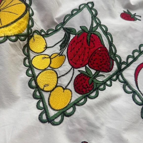 Vintage Skirt Medium Fruit Embroidered White Cotton Midi Cherry Tassles *Read - Picture 9 of 11